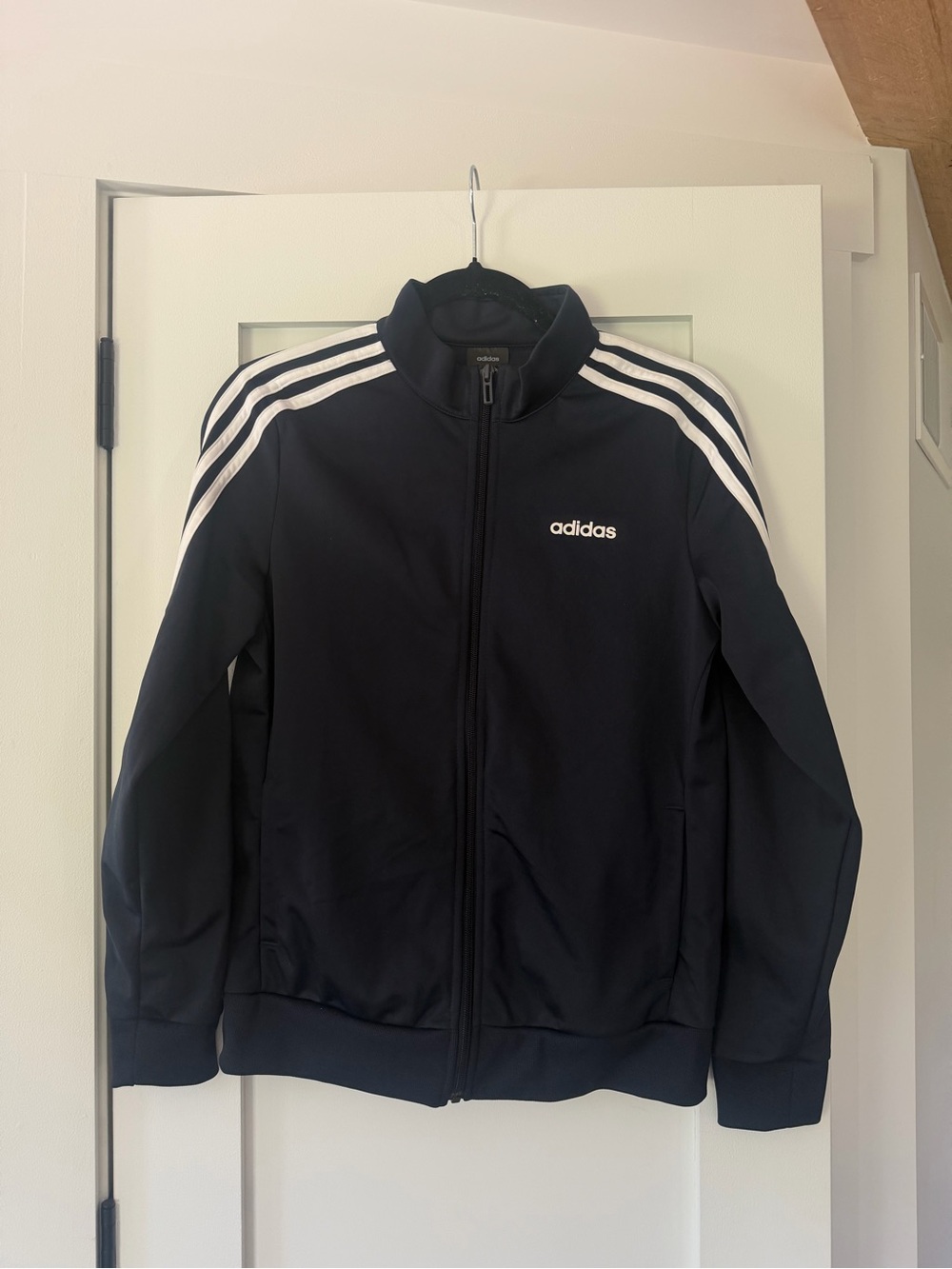 Adidas Navy Blue Track Zip Jacket with Iconic Three White Stripes - Size Medium